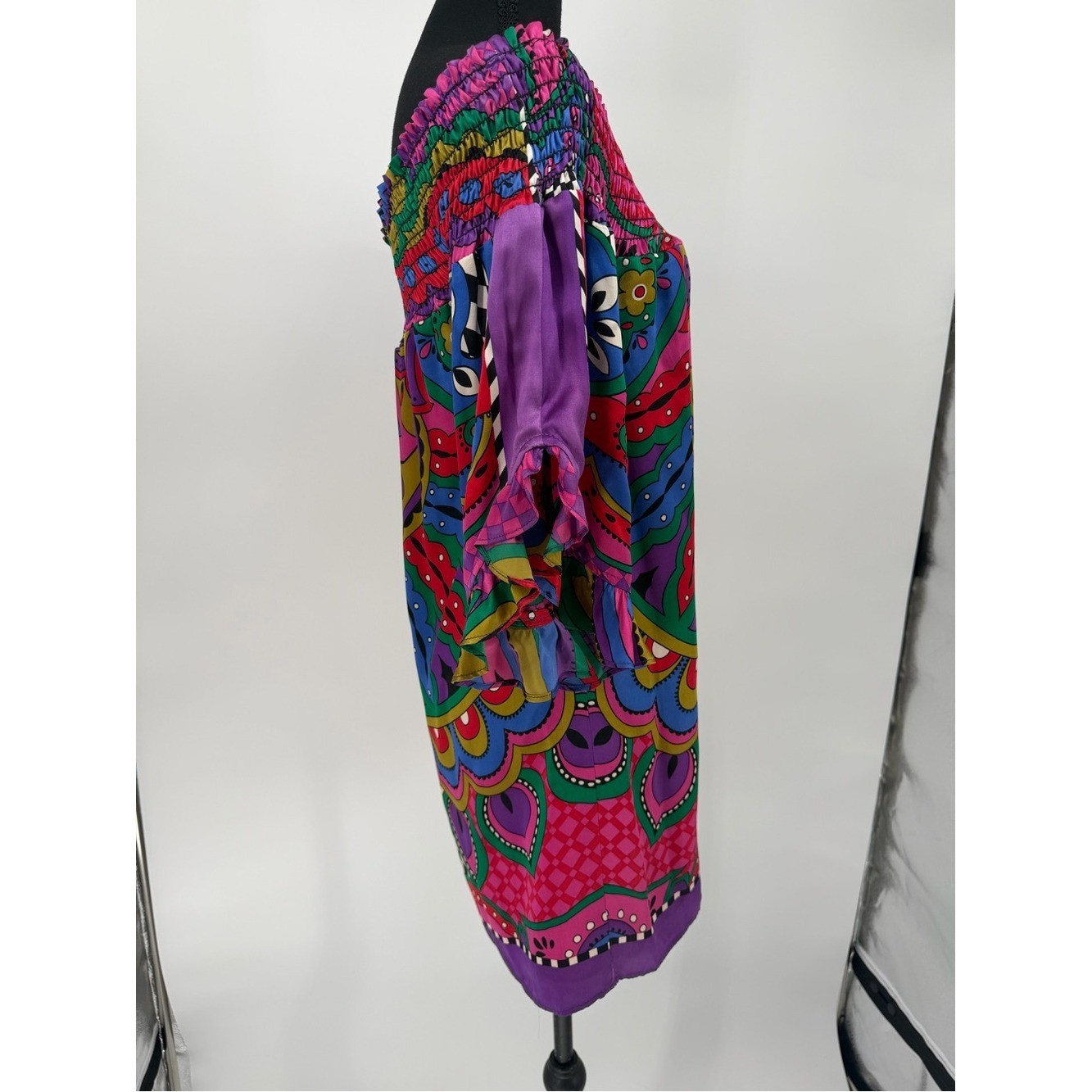 Silk Voom by Joy Han Bright Multicolor Off-Shoulder Boho dress Y2K style