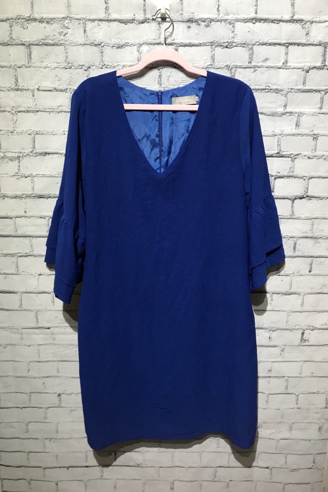 Belongsci, Women Plus XXL/2X, Blue Sheer Ruffle 3/4Sleeve Back-Zip Shift Dress