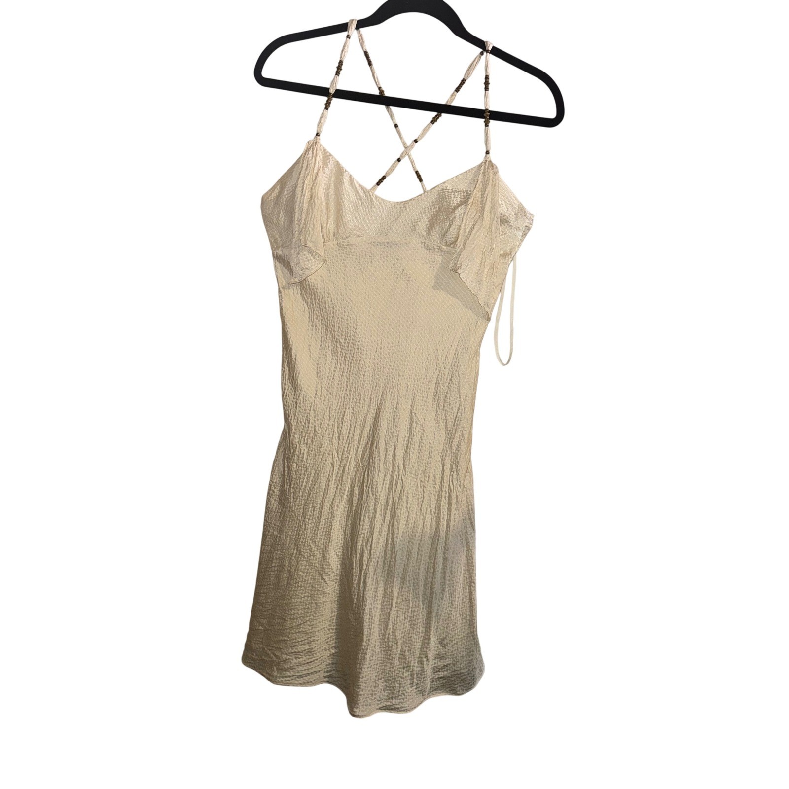 Armani Exchange Silk Beaded Strap Mini Dress Cream Textured Ruffle Womens 2 XS