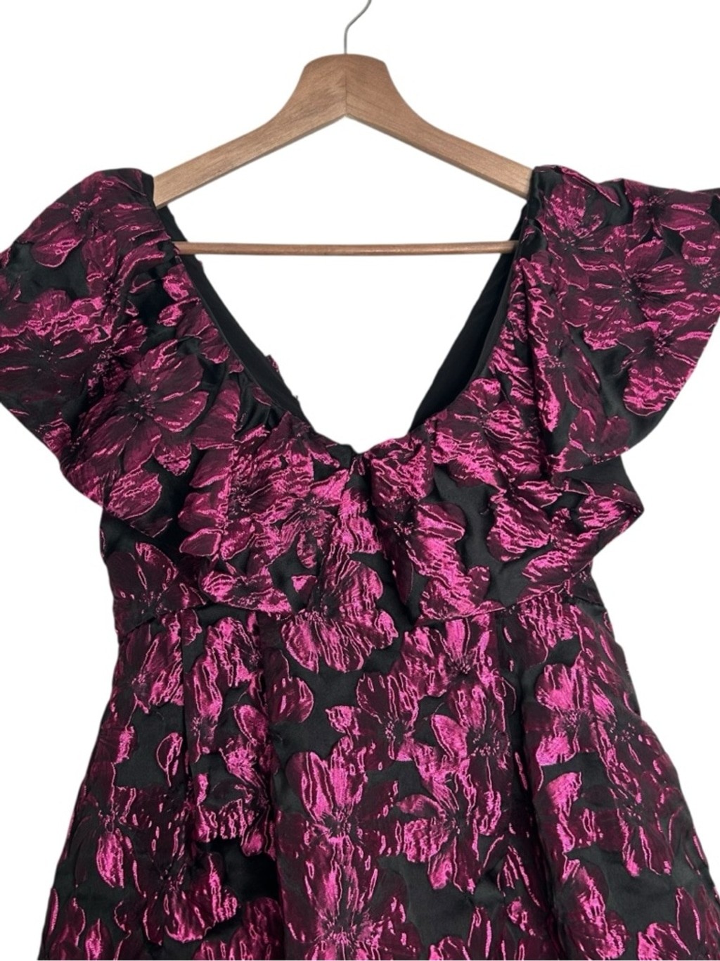 Amy Lynn Jaime ruffle sleeve mini dress with bow back pink floral jacquard Small