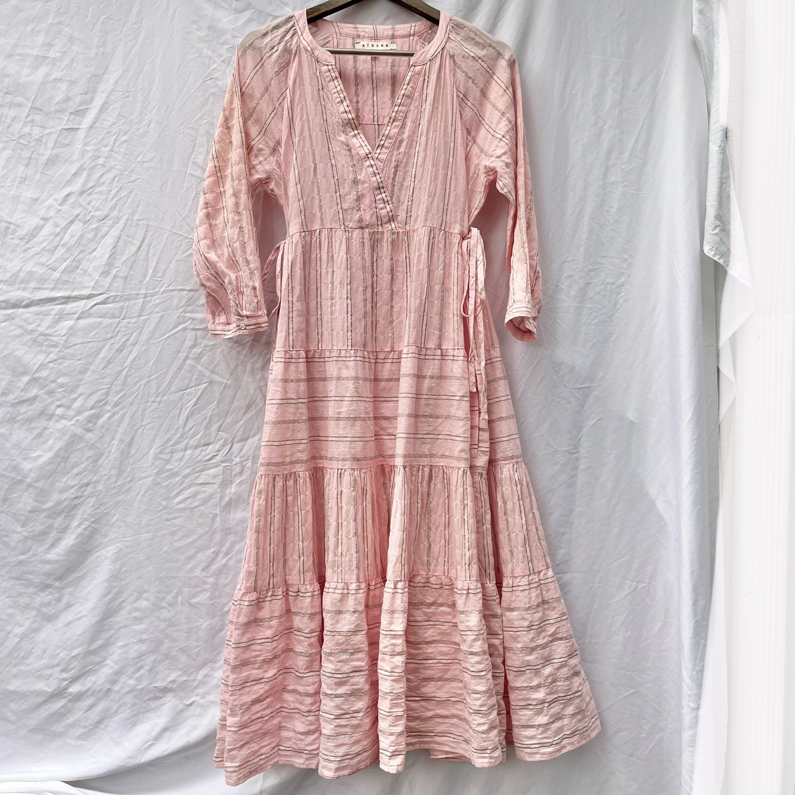 REVOLVE x XIRENA BECKETT MULTI-STRIPED PINK SHIMMER LAYNA MIDI DRESS SMALL