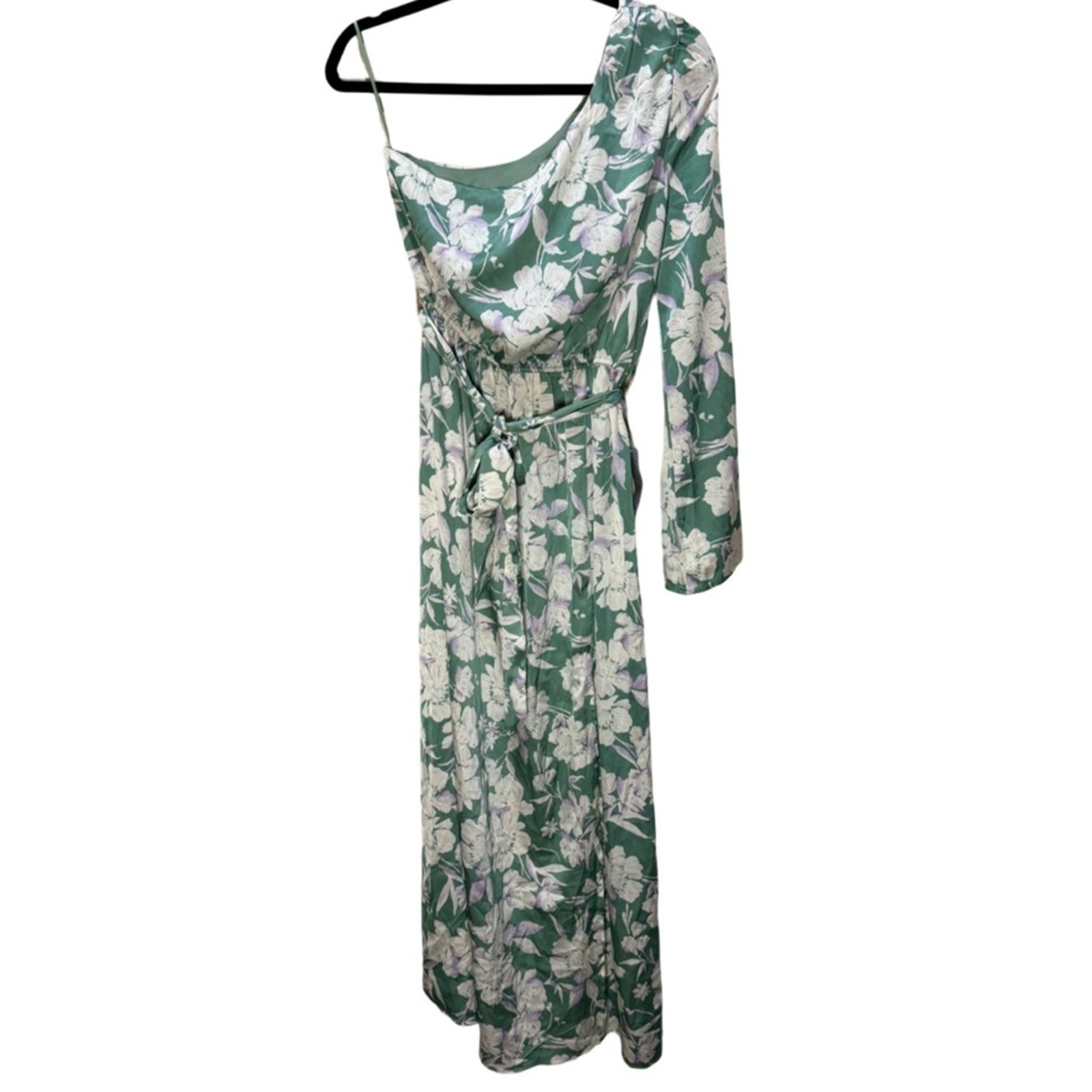 Lush Satin One Sleeve Maxi Dress – Green Floral Size M