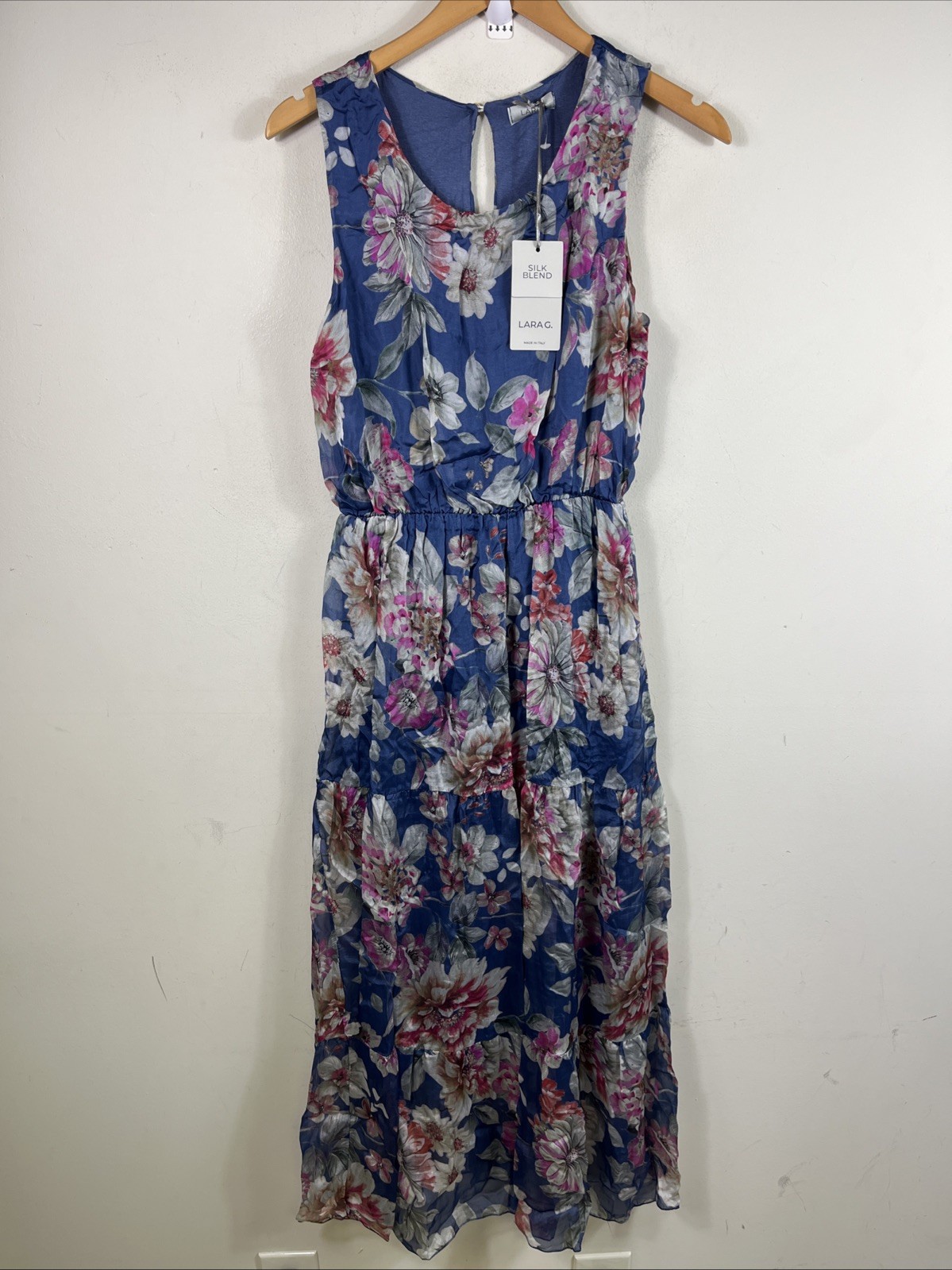 Lara G Womens Floral Silk Blend Blouson Maxi Dress Size L Blue Pink Lightweight