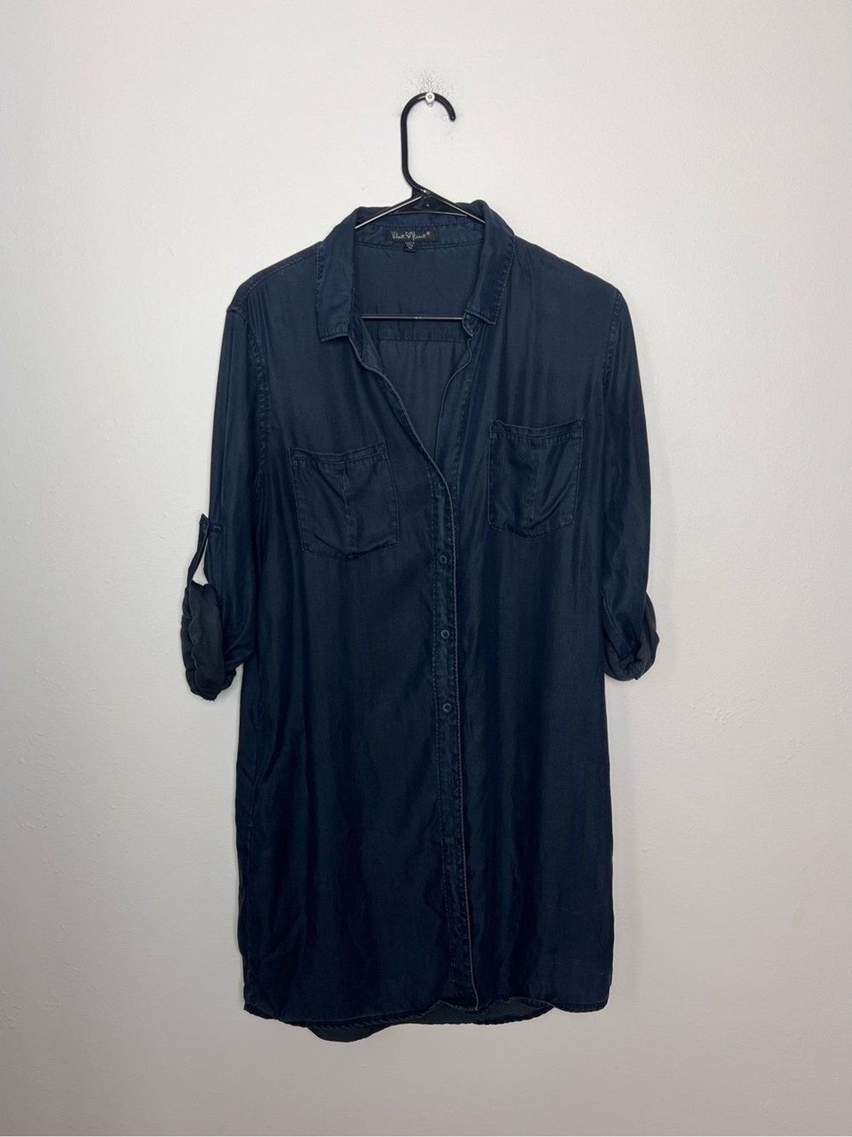 Velvet Heart Medium Tencel Chambray Shirt Dress Roll Tab Sleeve Blue Lyocell