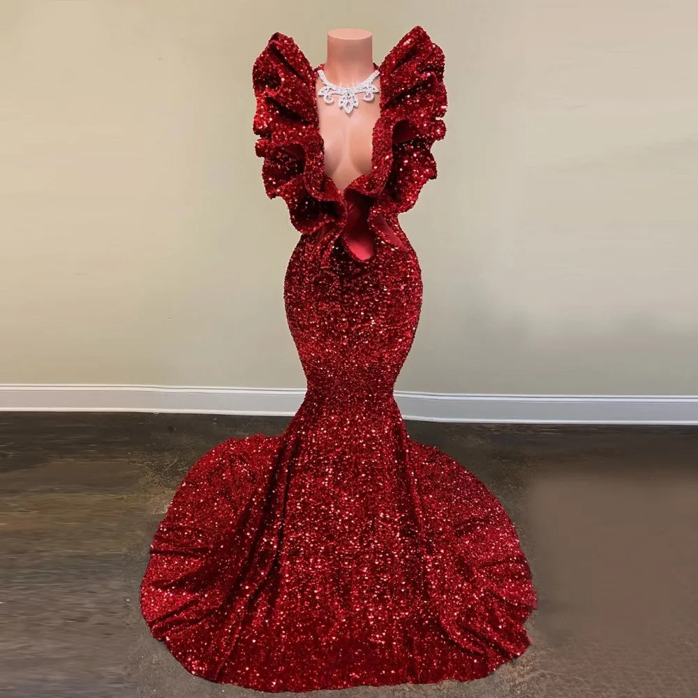 Sparkly Evening Dresses Deep V-neck Mermaid Ruffles Burgundy Sequin Prom Gowns