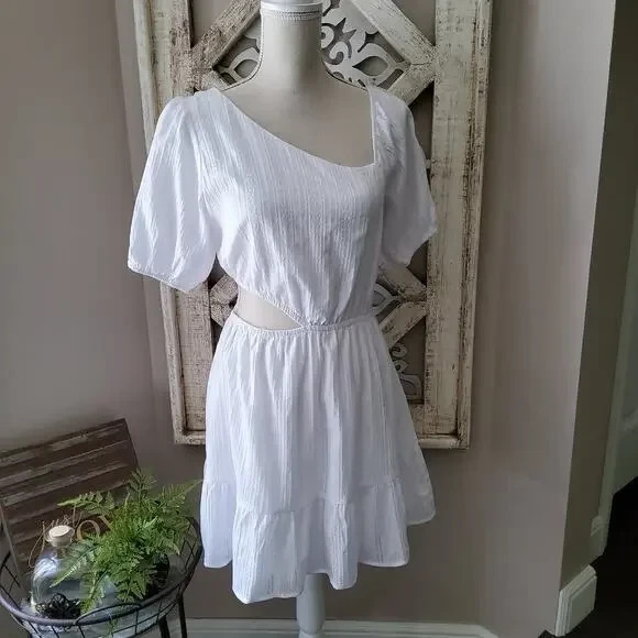 Le Lis White Embroidered Cutout Cotton Mini Dress L Cottagecore Romantic SZ M L