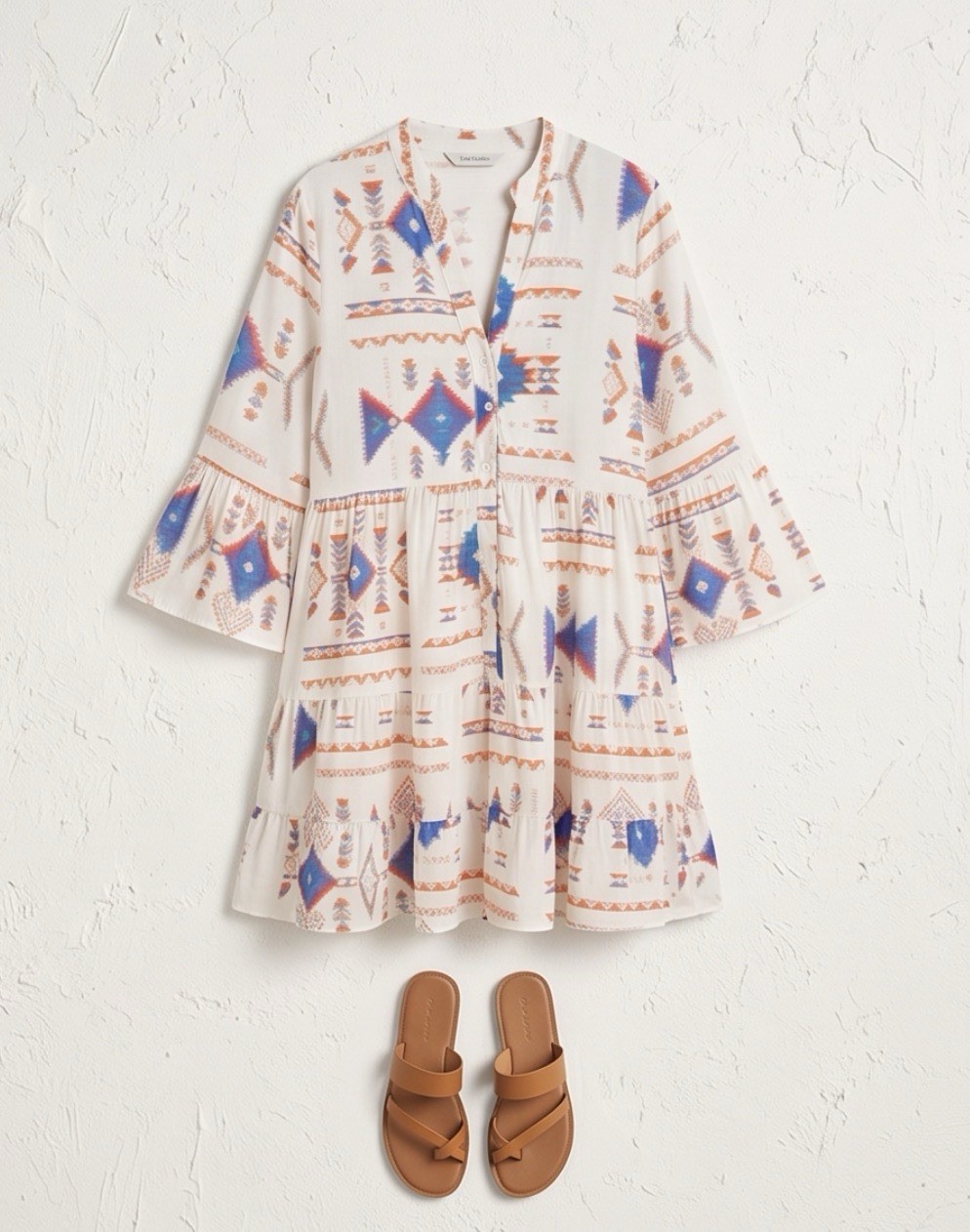 Boho Geometric Tribal Print Tiered Dress V-Neck Bell Sleeve Womens Medium NWOT