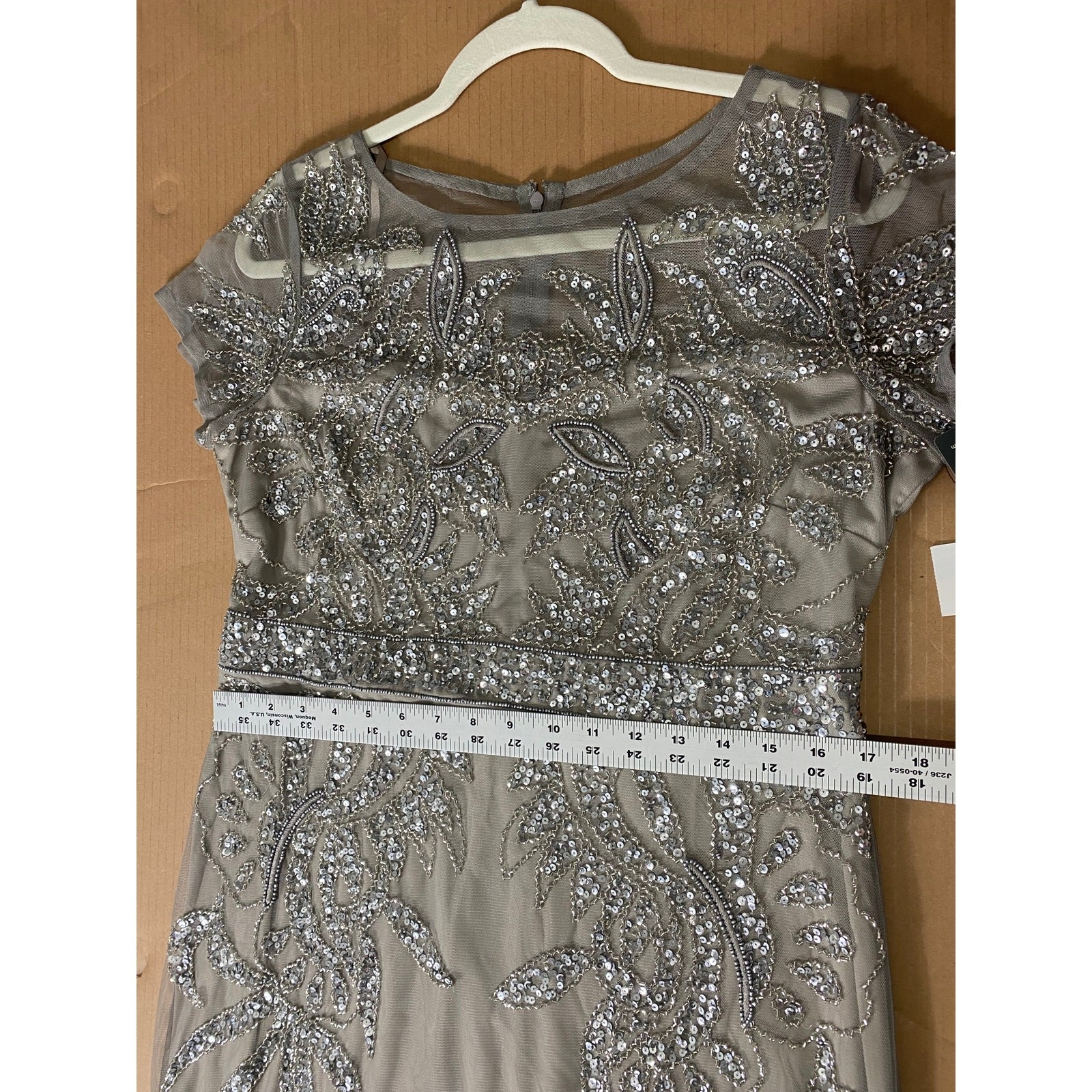 ADRIANNA PAPELL DRESS 14 SILVER SEQUIN BEADED WEDDING GUEST COCKTAIL PARTY SHORT