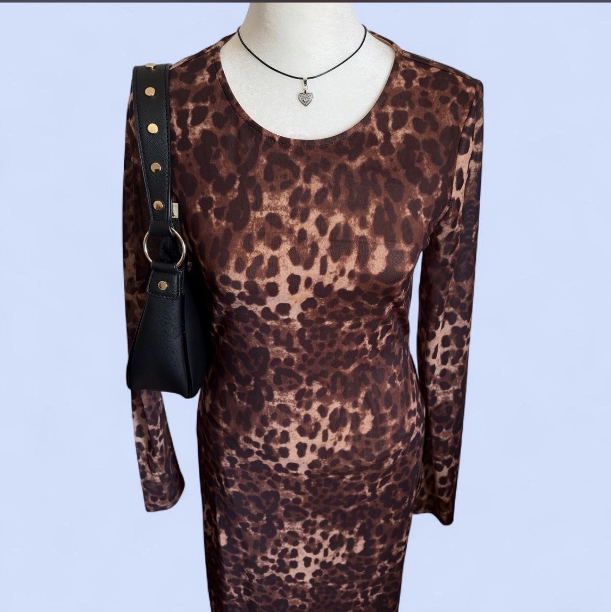 12th Tribe Brown Beige Leopard Animal Print Sheer Mesh Maxi Bodycon Dress S