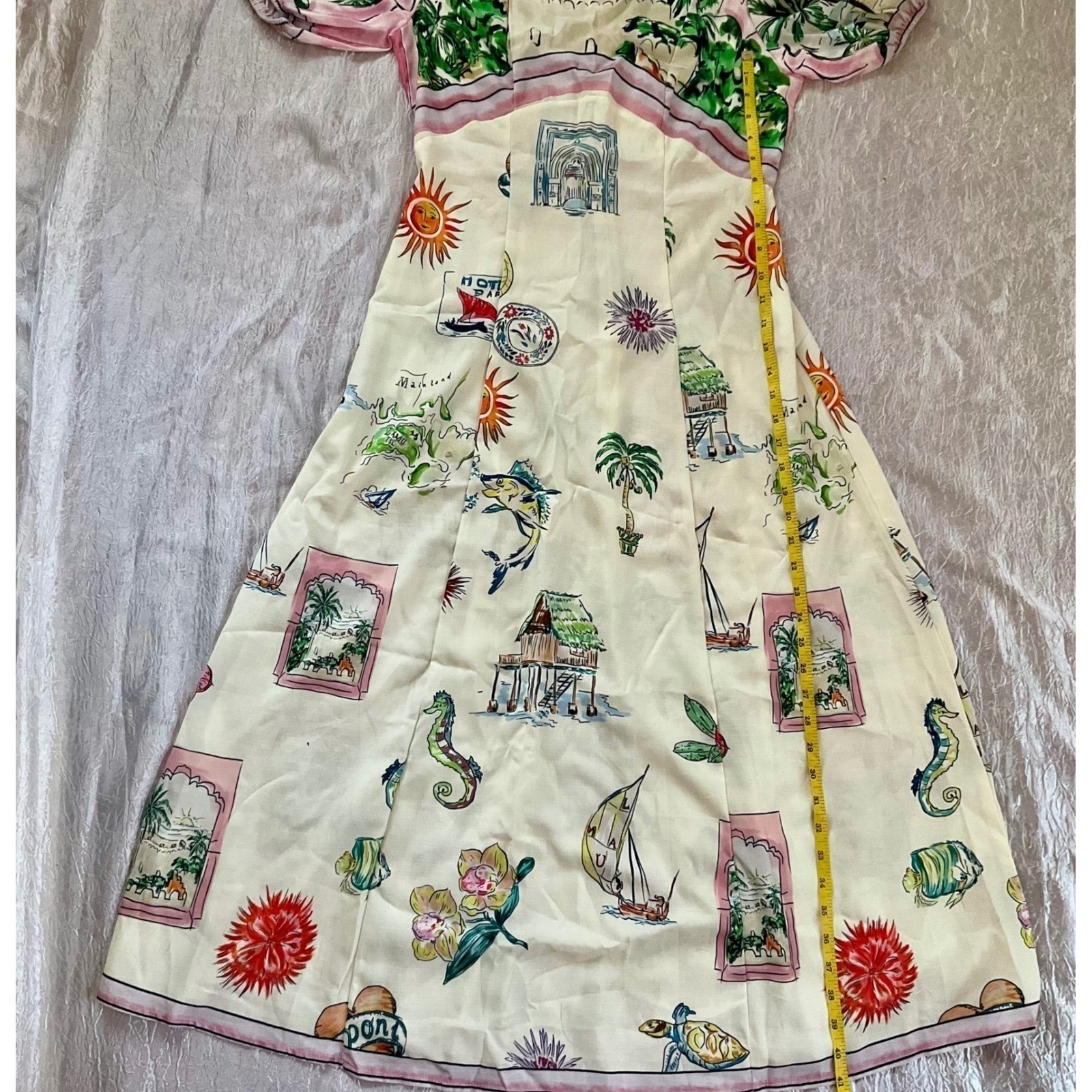 NWOT Tropical Print Puff Sleeve Maxi Dress Summer Resort Wear Boho Vintage Sz M