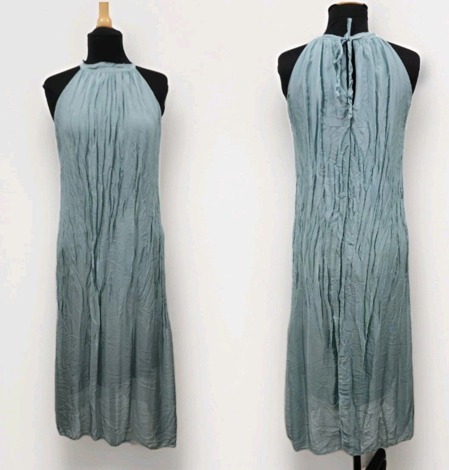 BELLAMBRA Women’s Crushed Silk Blend Halter Maxi Dress Muted Blue Italy Size L