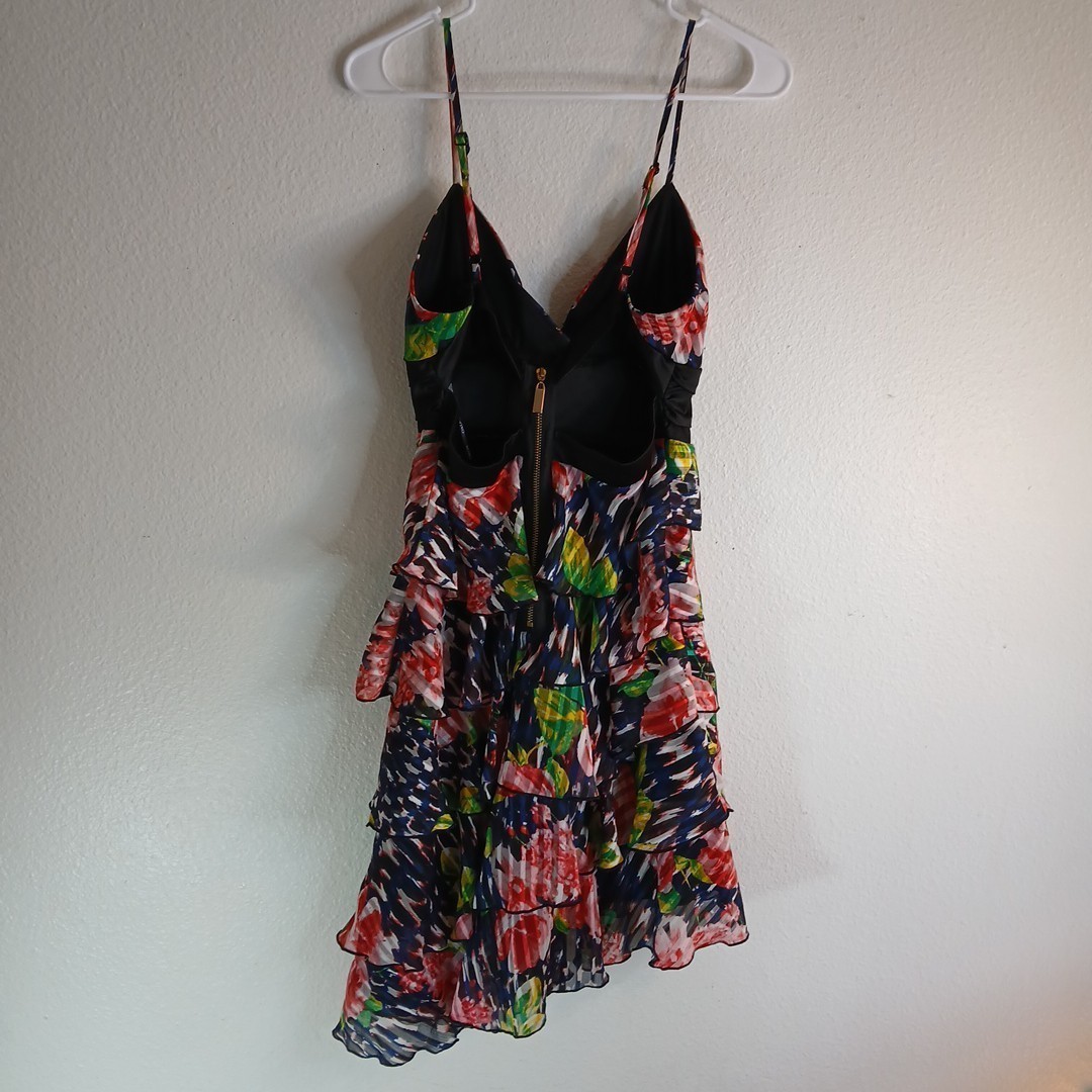 XOXO ASYMMETRICAL LAYERED RUFFLE CHIFFON PRINT THIN STRAP  DRESS 7/8