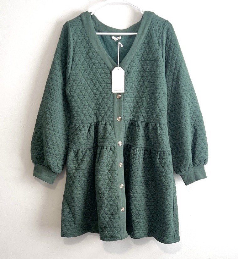 NWT Jodifl Boutique Long Sleeve Button Down Textured Quilted Dress Green, Medium