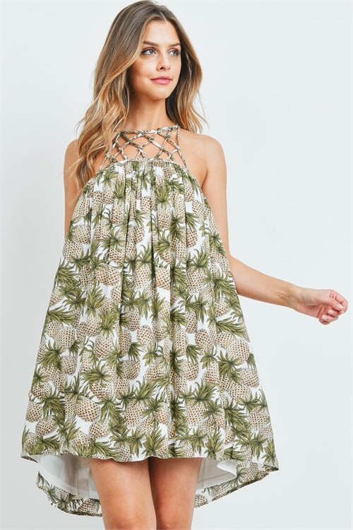White Pineapple Print Sundress Shift Dress Size Large Summer Travel