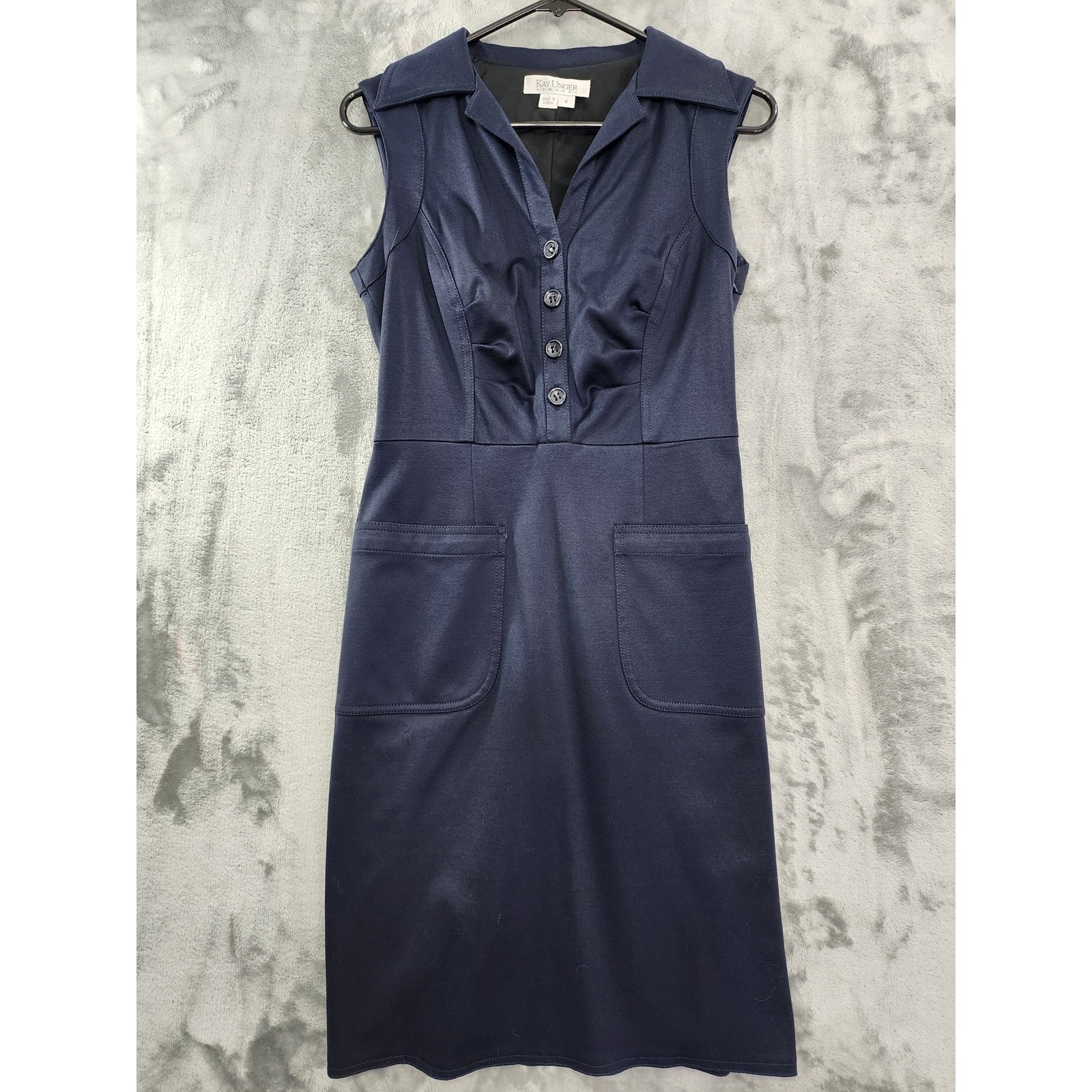 Vintage 90s Kay Unger Dress Womens 4 Blue Sleeveless Collared Midi Sheath Cotton