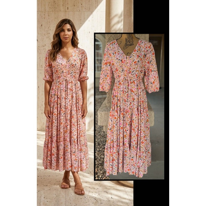 Petal & Pup Floral Button Front Drawstring Waist Tiered Kelda Midi Dress Size L