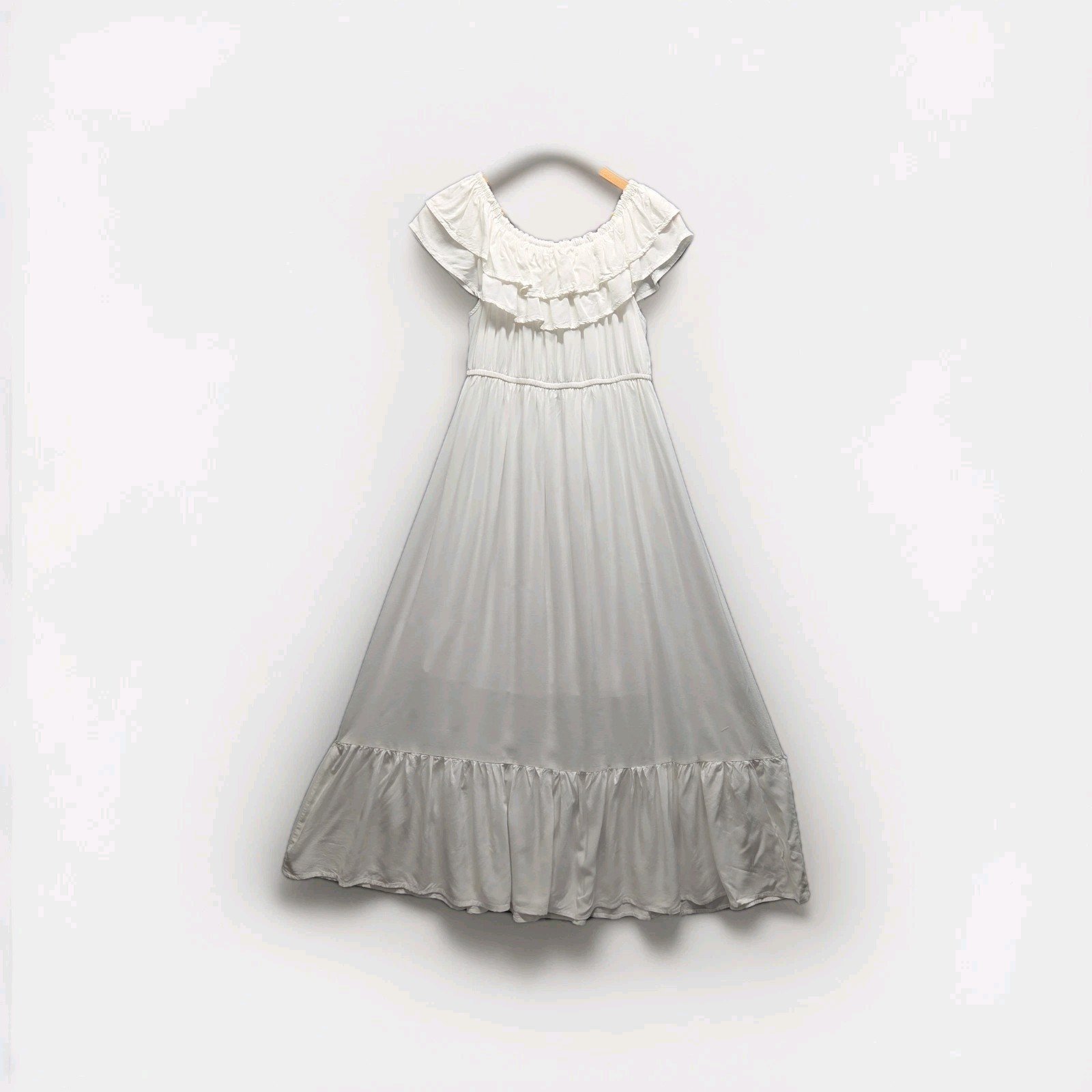 White Cottagecore Maxi Dress Off Shoulder L Cotton Blend Vacation Honeymoon