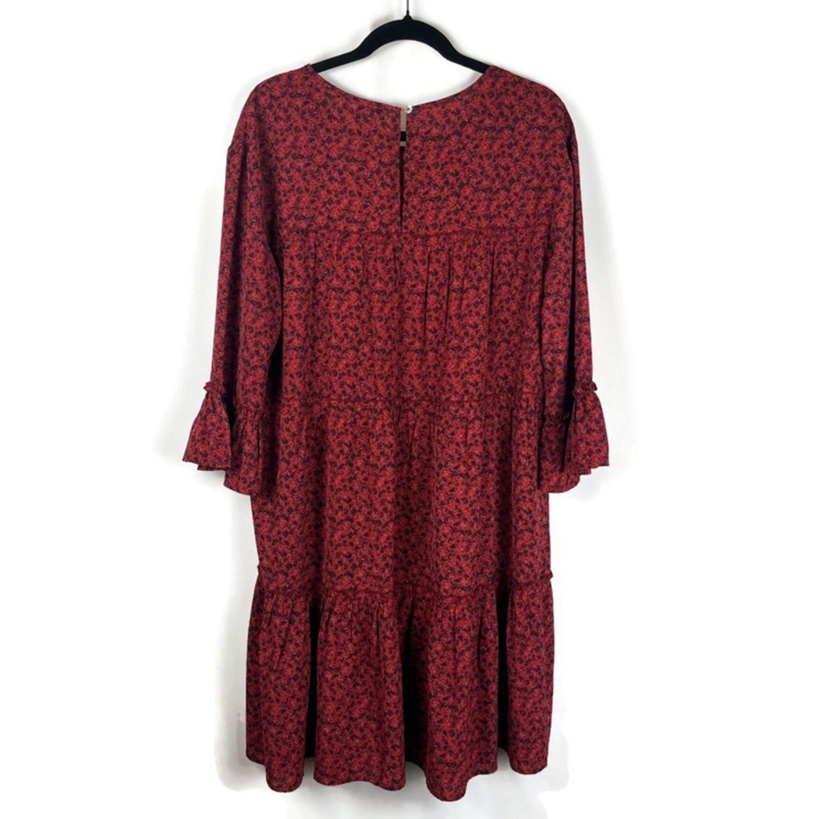 Red Black Print Tiered Ruffle Midi Dress Size Large Cottage Whimsigoth Goth