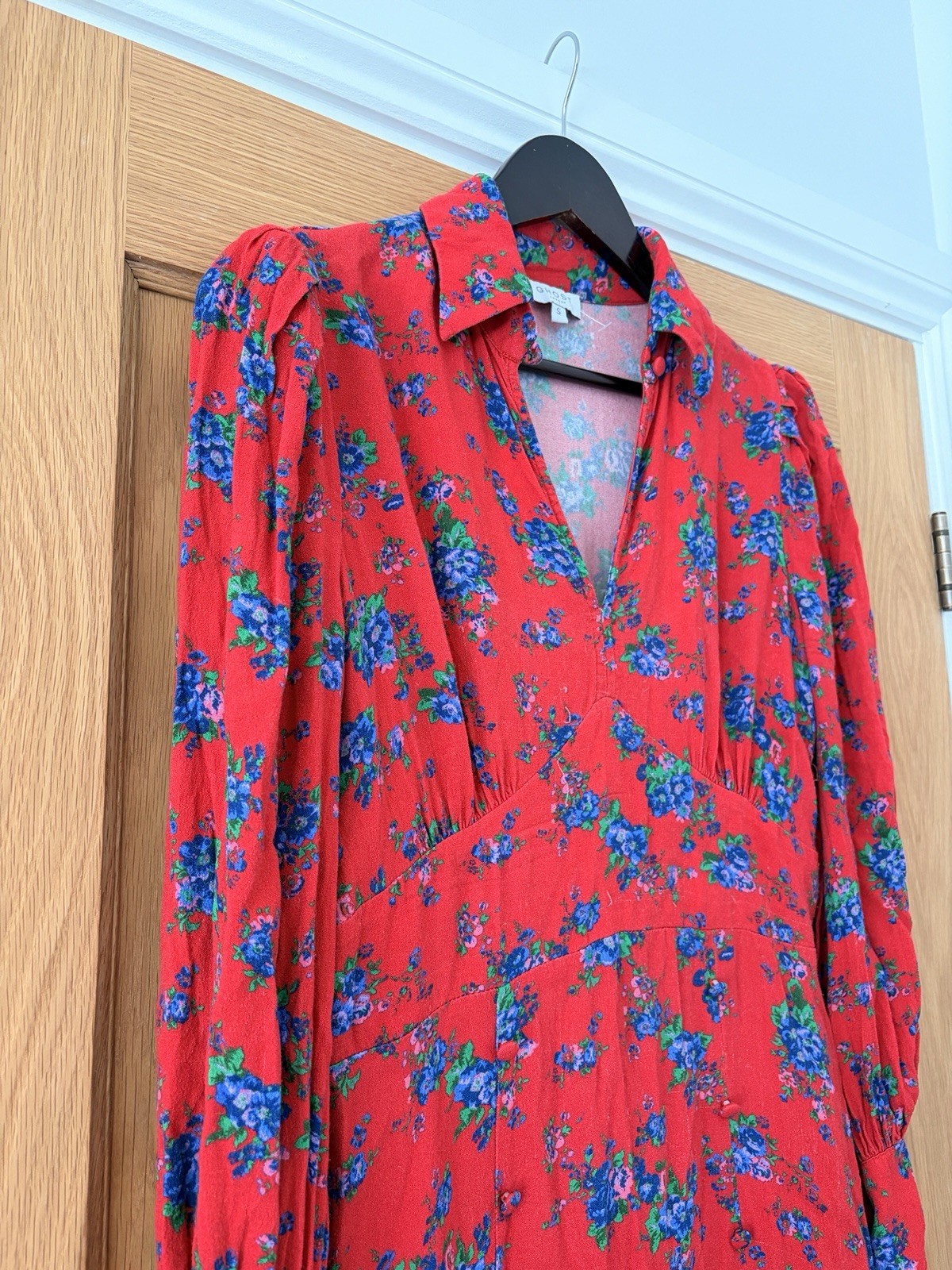 Ghost London Size S Red & Blue Ditsy Floral Collar V-Neck Midi Dress