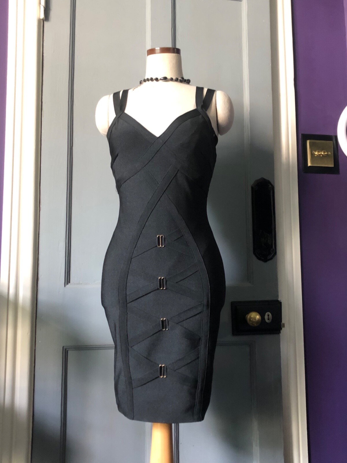 S Black Bondage Bodycon Banded elasticated strap & Zipper bodyconl Dress