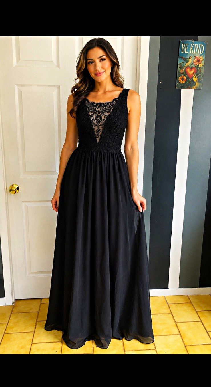 Jenny Yoo Black Lace V-Neck Sleeveless Sheer Maxi Dress Formal size 8