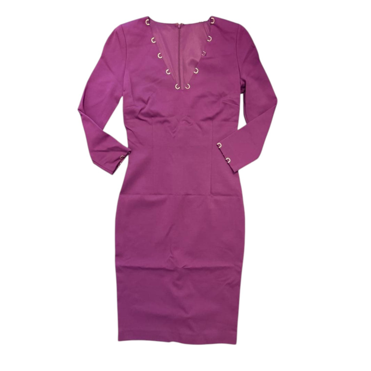 Cavalli Class Purple V-Neck Long Sleeve Dress Gold Hardware Size US 8 NWT