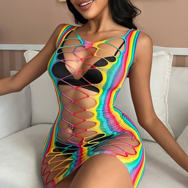 Women’s Fishnet Hollow Out See-through Mesh Sleeveless Babydoll Mini Short Dress