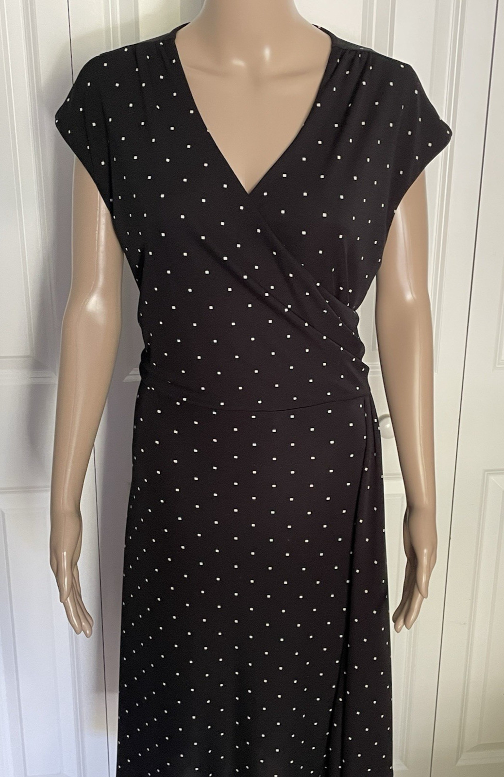 Talbots XLP Black Square Diamond Dotted Stretch Crossover V Neck Faux Wrap Dress