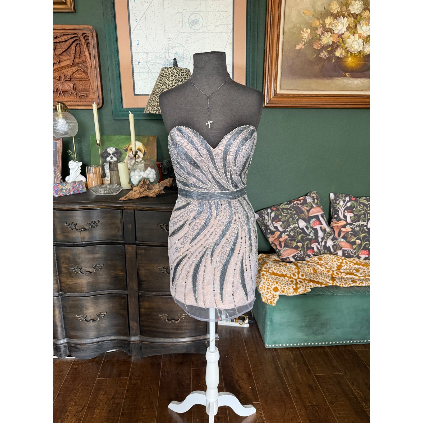 Milano Formals Strapless Beaded Sequin Lace Mini Dress Silver Grey Sweetheart