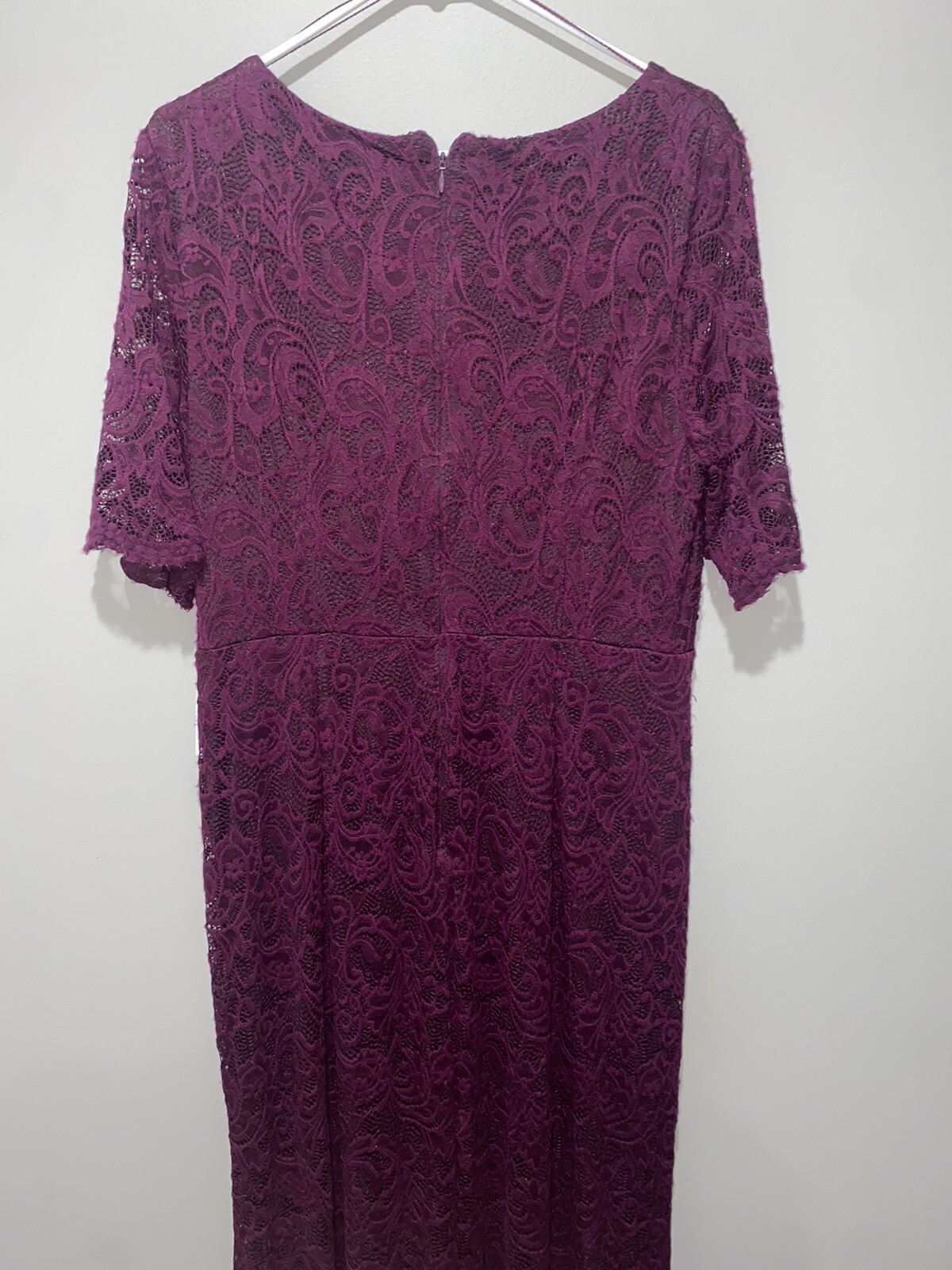 NWT Adrianna Papell Floor Length Lace Dress w/ Draped Skirt, Eggplant, sz 14