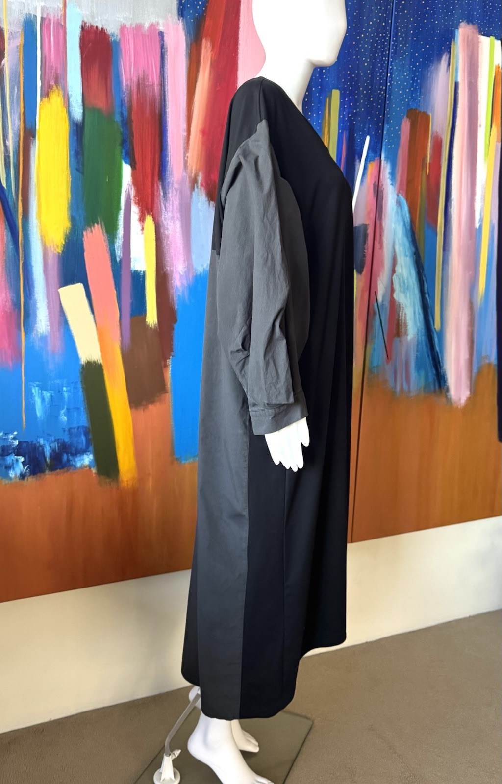 Moyuru (Japan) size M oversized midi dress black grey rayon cotton Daikanyama