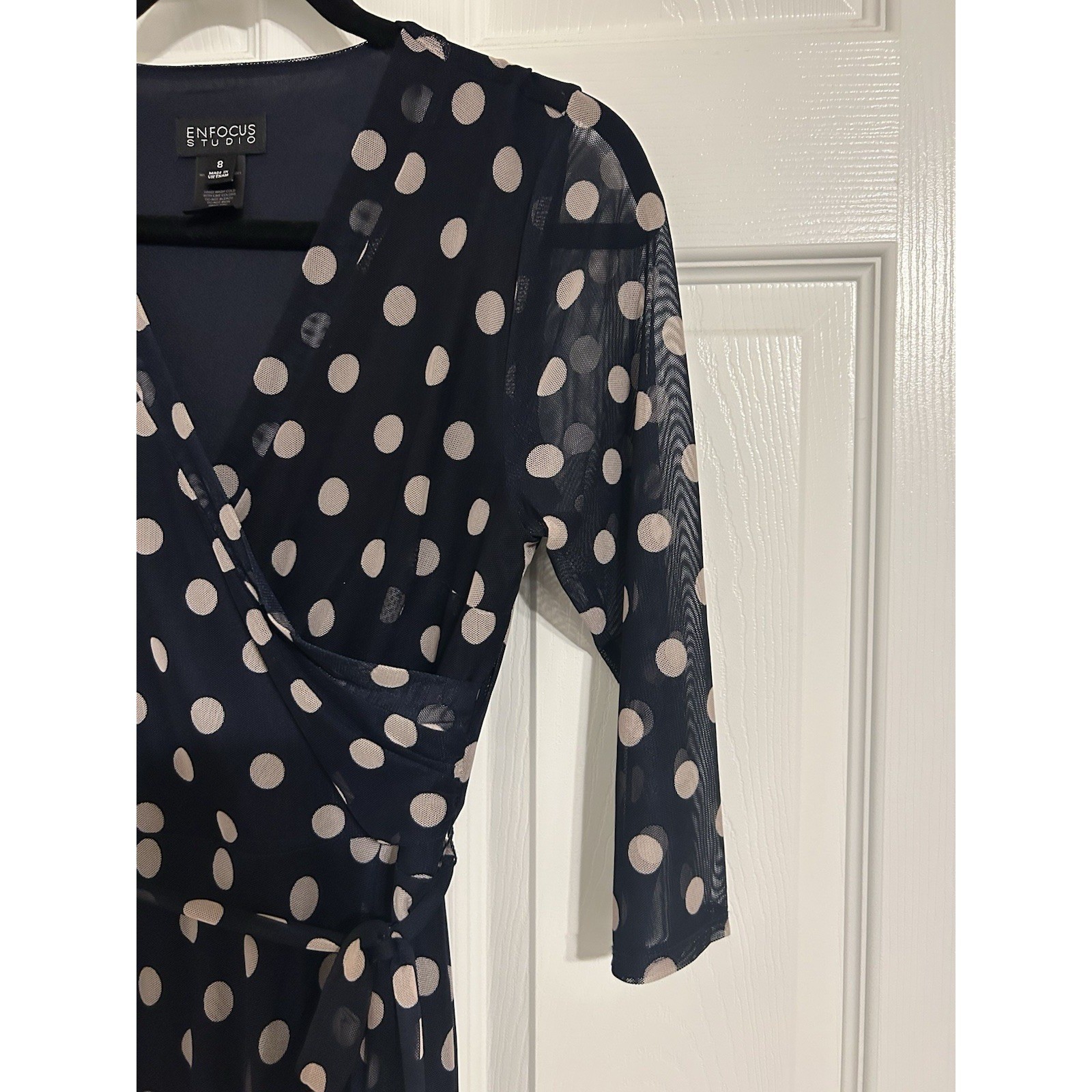 Enfocus Studio Womens Navy Blue Polka Dot Mesh Wrap Maxi Dress Size 8