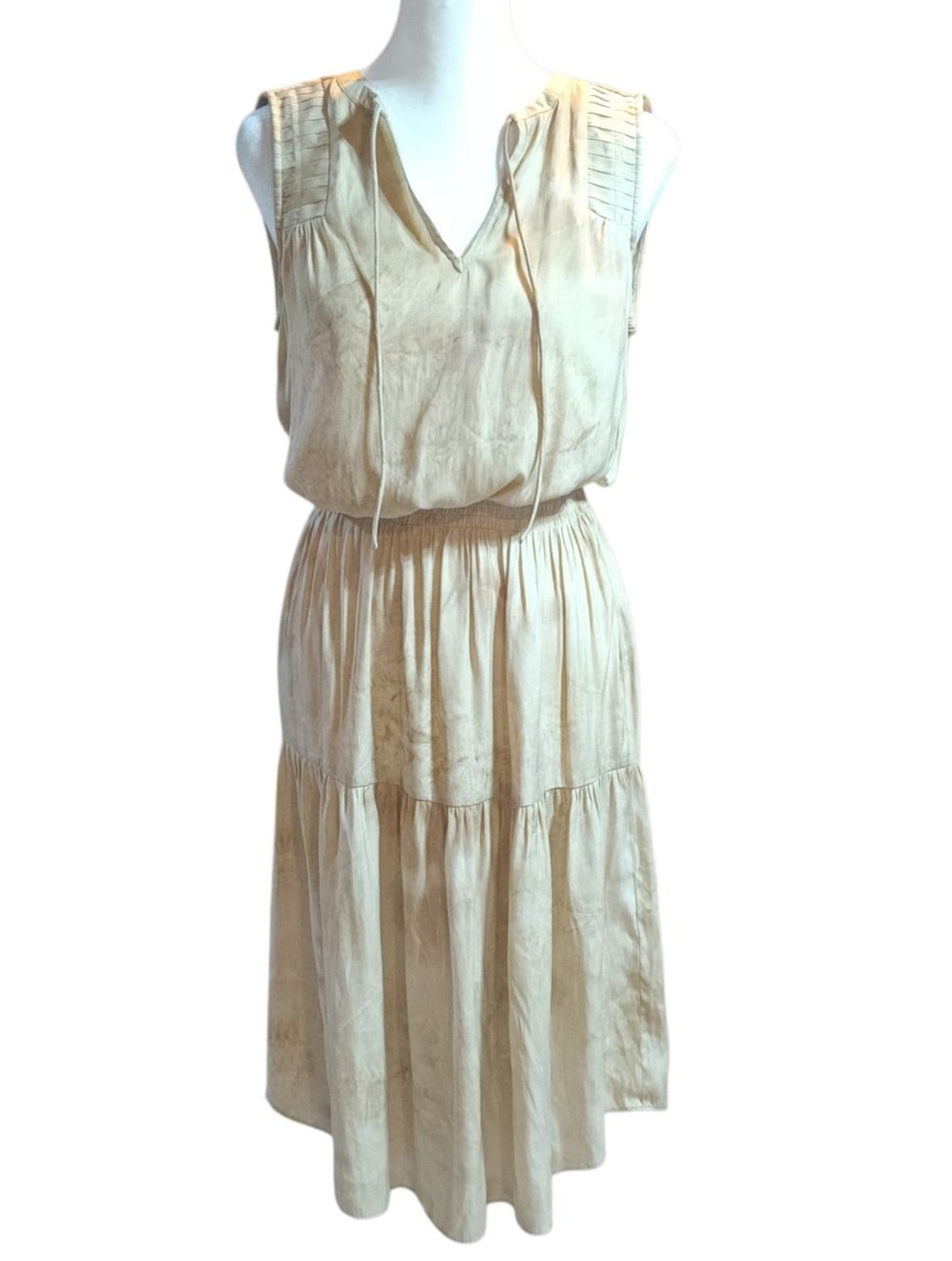 Madison Grey Sleeveless Cream Tiered Midi Dress XS Lightweight Tan