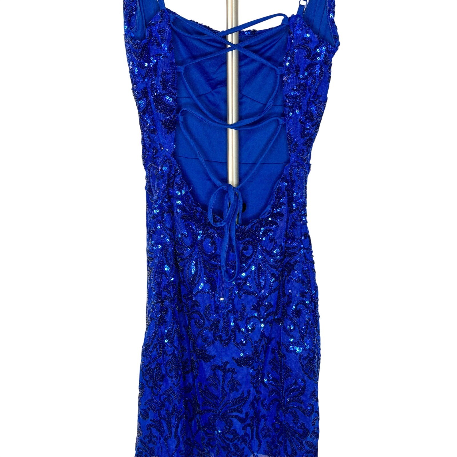 Windsor Royal Blue Sequin Damask Lace Up Back Bodycon Mini Dress Womens Small