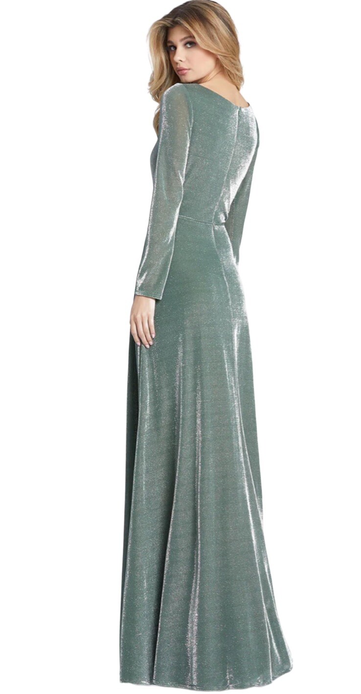 Mac Duggal Ieena Evening Gown Size 6 Long Sleeve Faux Wrap Jade Green Sparkly