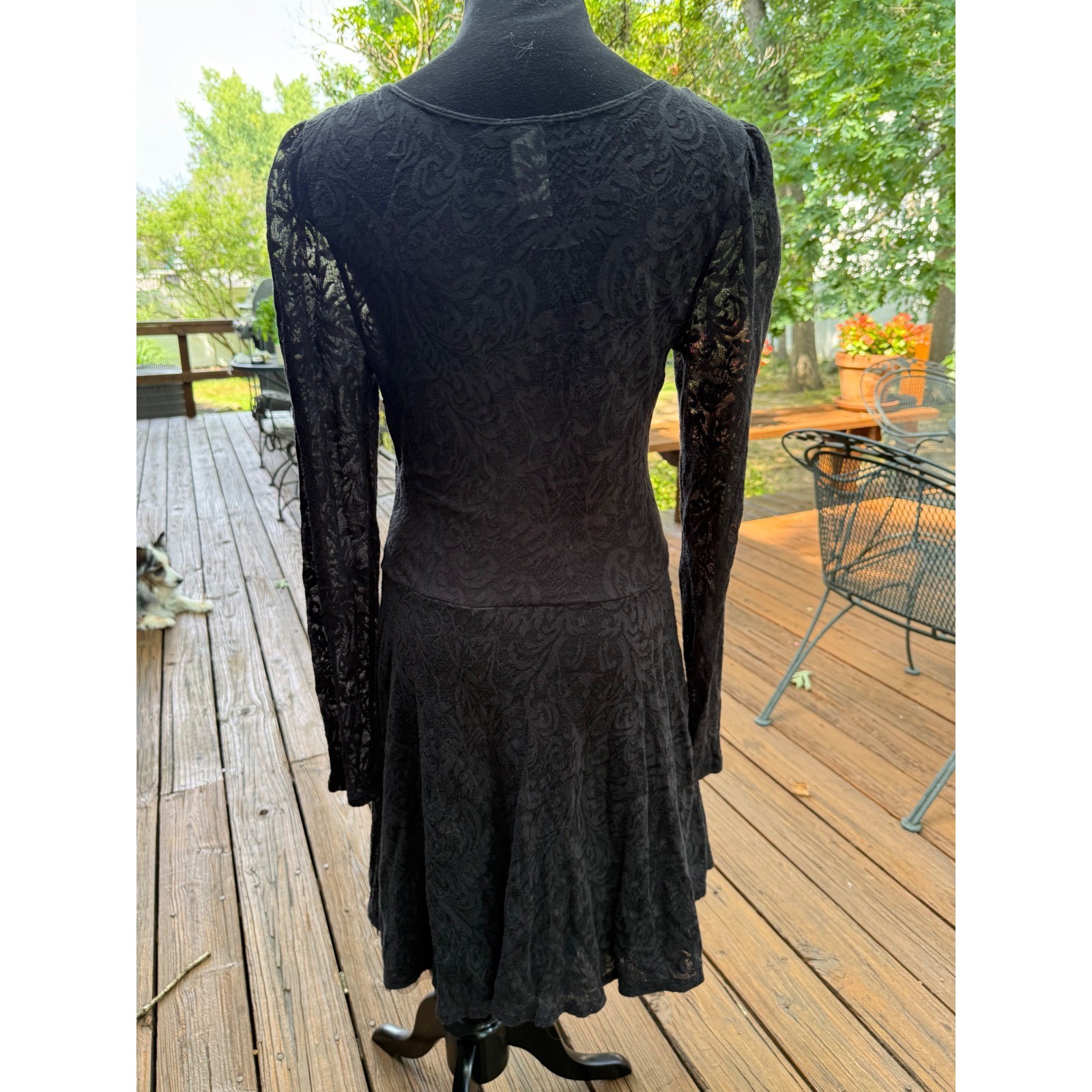 Free People Black Floral Lace Long Sleeve Fit Flare Dress Tulle Trim Womens L