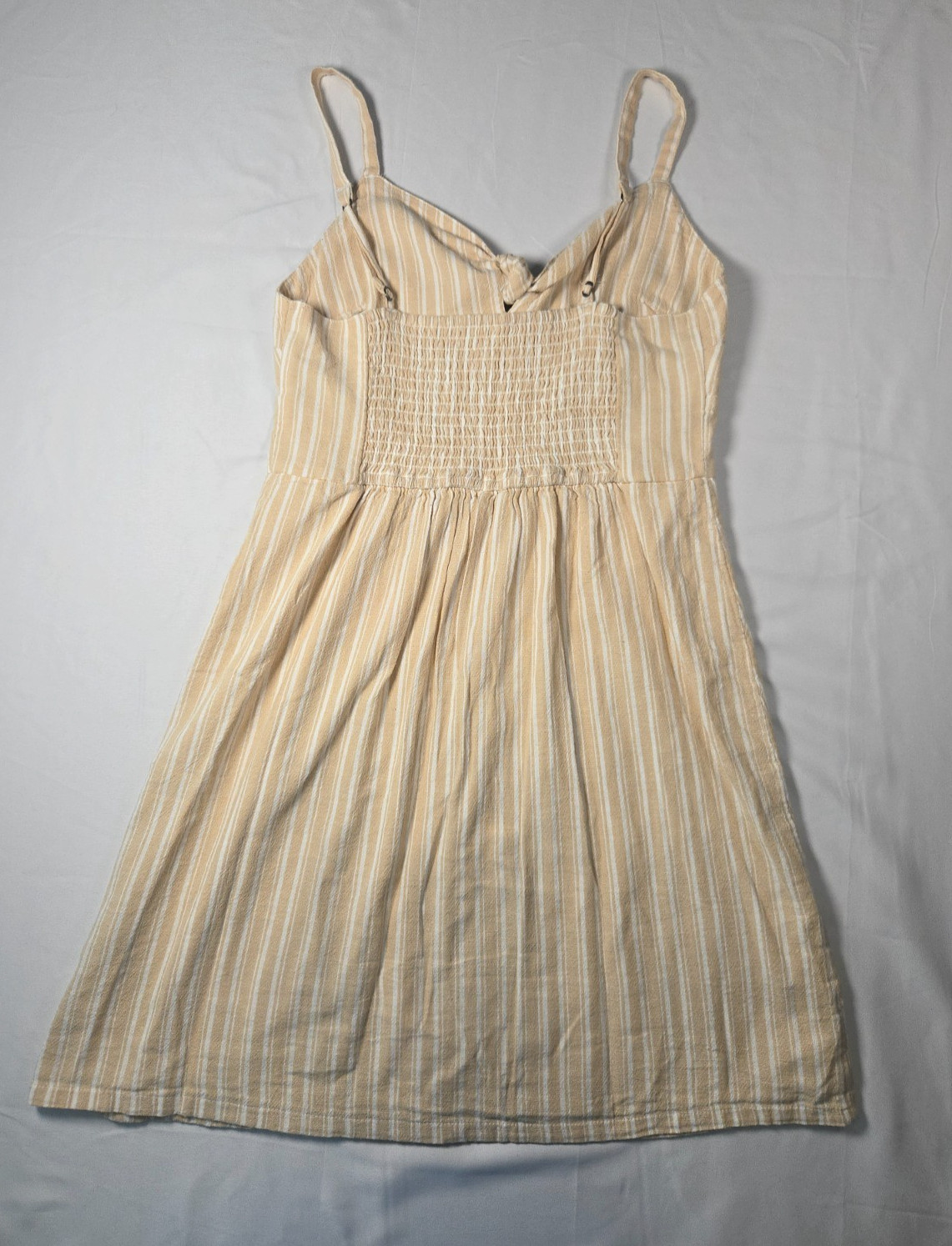 Striped Beige Cream Sundress Cotton Linen Sz M Babydoll Coastal Neutral Beachy