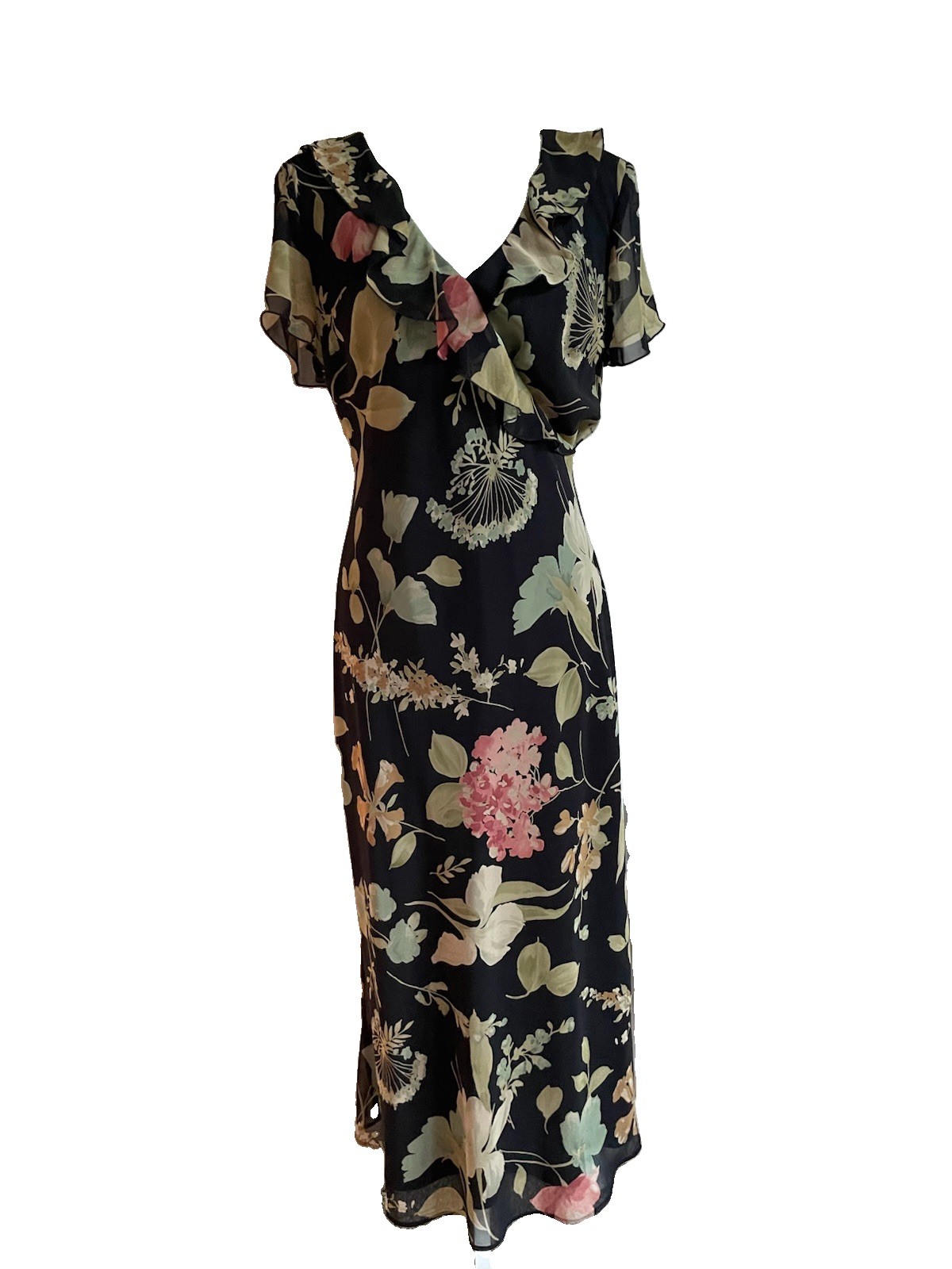 Y2K David Warren Women Maxi Chiffon Dress 10P Black Floral Ruffled Neckline