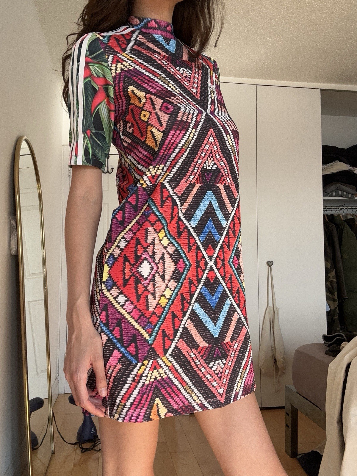 adidas Women’s Multicolor Geometric Tank Dress Short Sleeve Zip Logo US 4