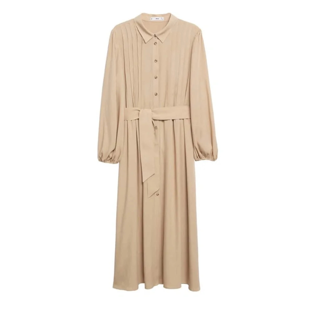Mango – Beige button down long sleeve pleated tie-waist midi dress – Size 4