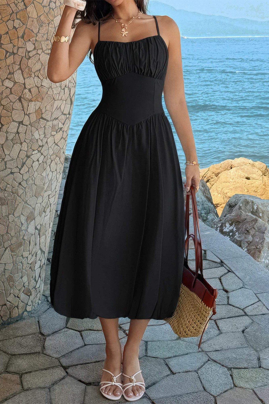 Women’s Square Neck Sleeveless Ruched Bust A-Line Midi Dress Open Back
