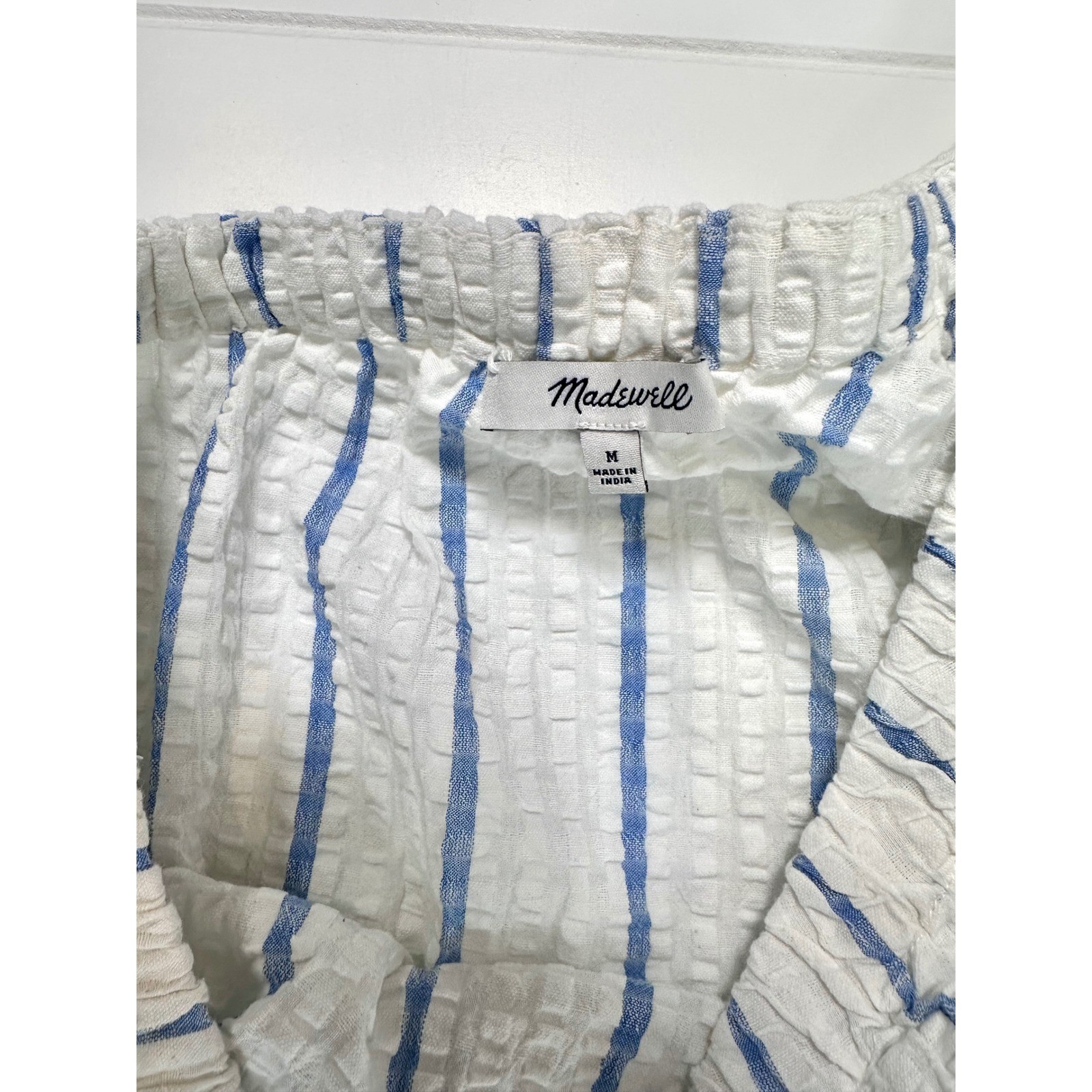 Madewell One Shoulder Seersucker Midi Dress Blue White Striped Pockets NM263