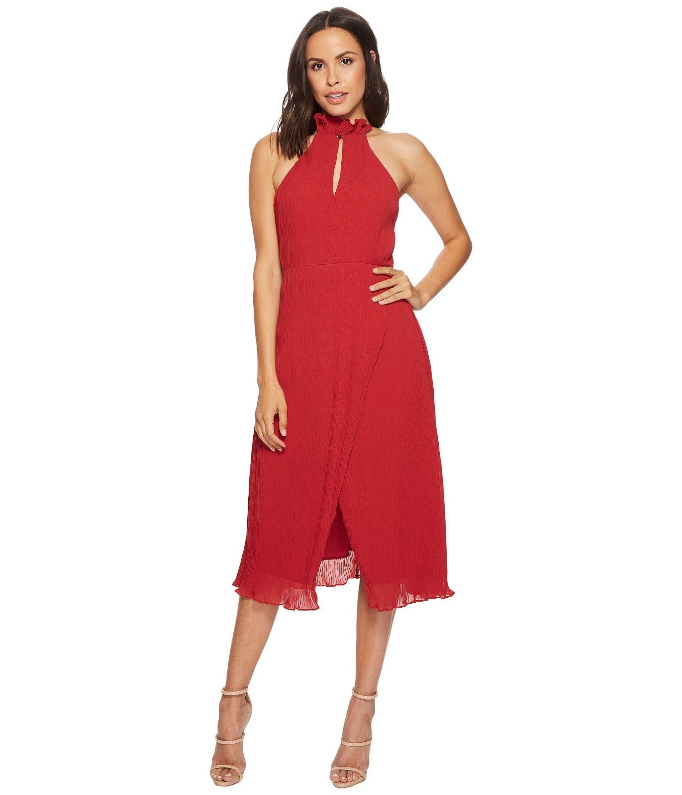 KEEPSAKE the Label Red Pleated Chiffon Keyhole Faux Wrap Cocktail Dress M = 8/10
