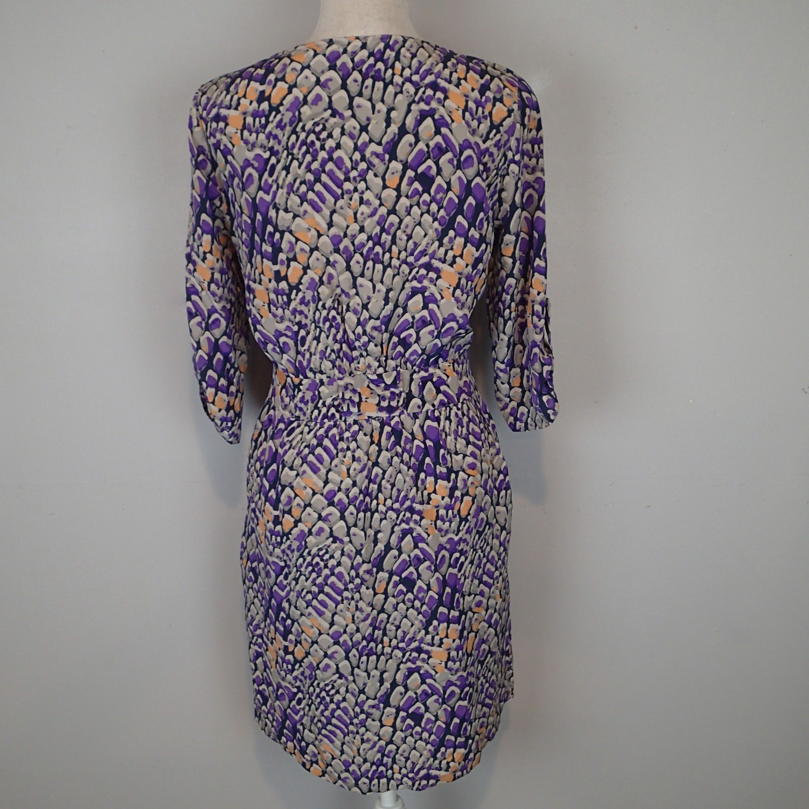 Presley Skye Dress xs Gray Purple Wrap Silk Roll Tab Sleeve v neck pockets