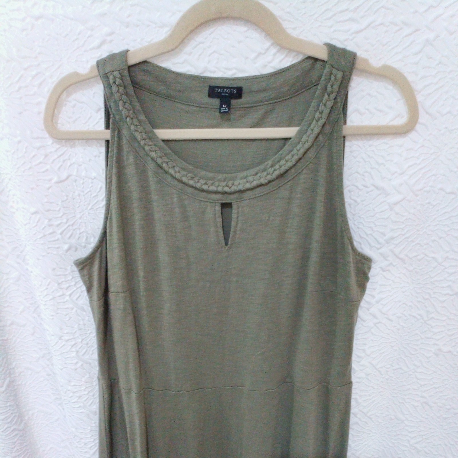 Talbots Olive Green Knit Midi Dress Braided Keyhole Sleeveless Tank LP Petite L