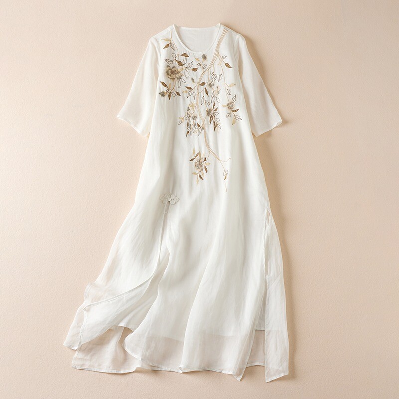 Women Side Slit Embroidery Retro Style Dress Half Sleeve Chinese Dress Summer