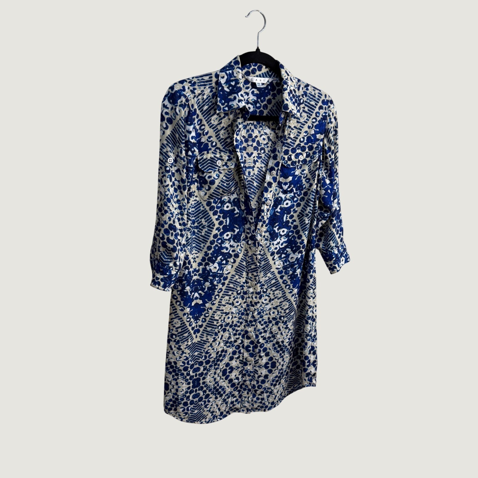 Cabi Blue Cream Geometric Kaleidoscope Print Button Down Shirt Dress Coastal XS