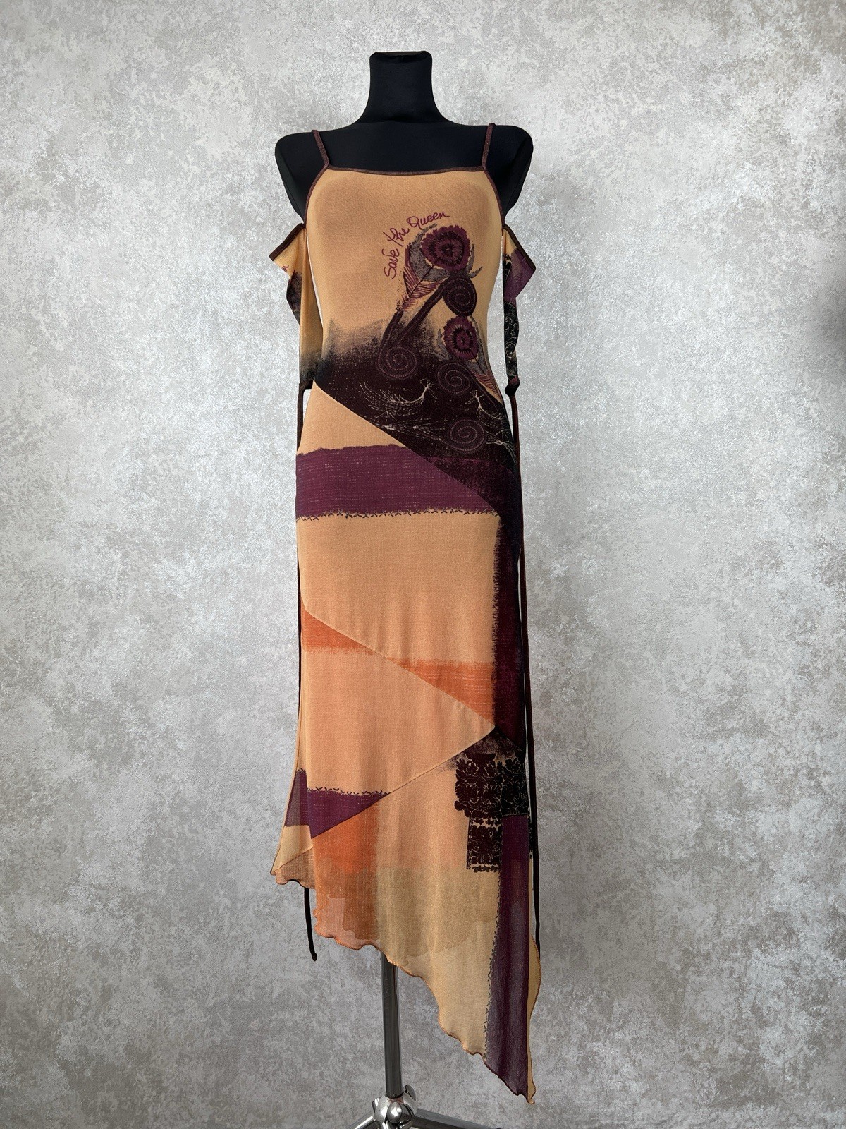 Vintage Save The Queen Mesh Dress Y2K Whimsigoth Art Print Asymmetrical Size S