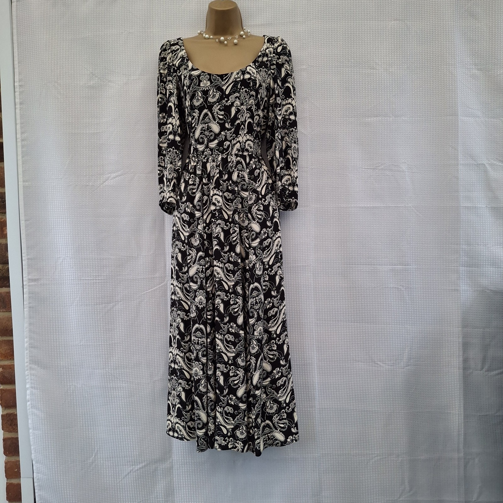 M&S Dress UK 8 New BNWT Black Cream Pattern Print Midi Flare Occasion Wedding