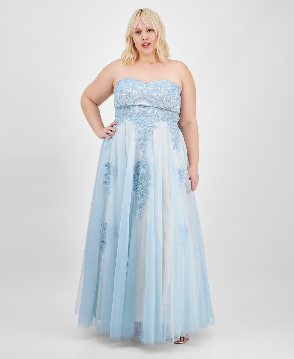 Say Yes Trendy Plus Size Strapless Embellished Gown 14W Pale Sky/Soft Peach